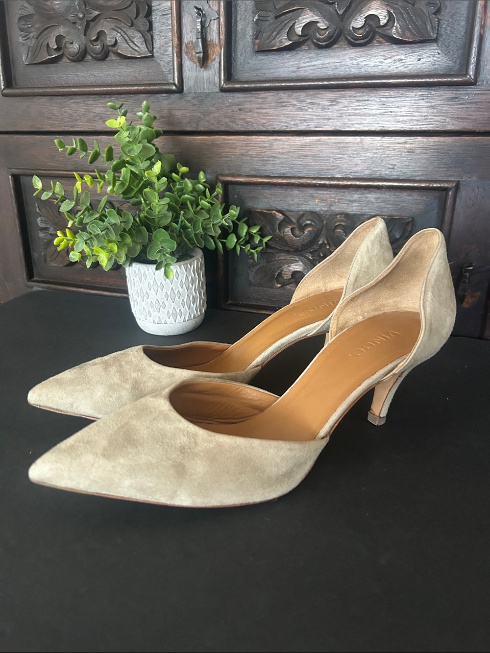 Vince Taupe Suede D'Orsay Pointed-Toe Kitten Heels